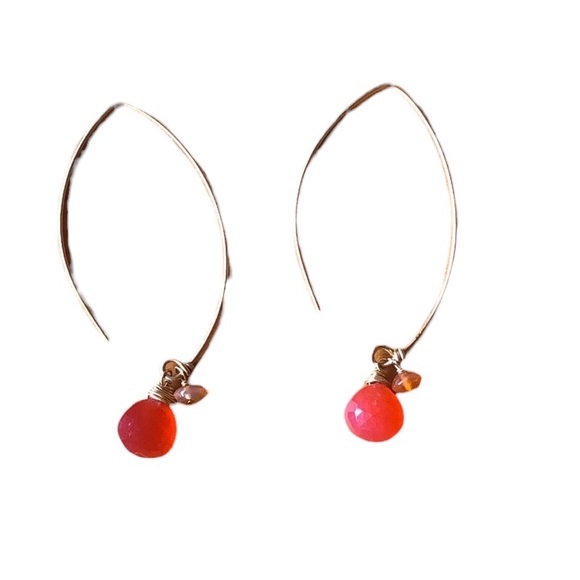 Hand Crafted Jewelry - Gold Wire Wrapped Open Hoops Faceted Carnelian Floating Earrings Gold Fill